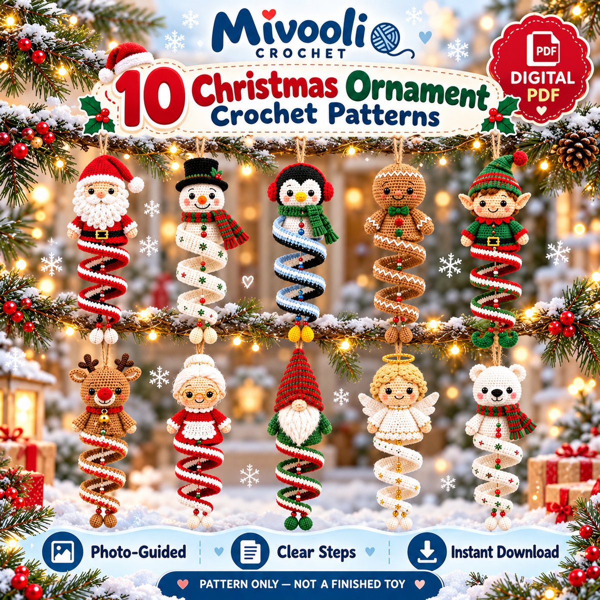 10 Christmas Spiral Ornament Crochet Patterns PDF
