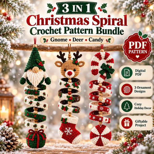 3-in-1 Christmas Spiral Crochet Pattern PDF – Gnome, Reindeer & Candy Cane Ornaments