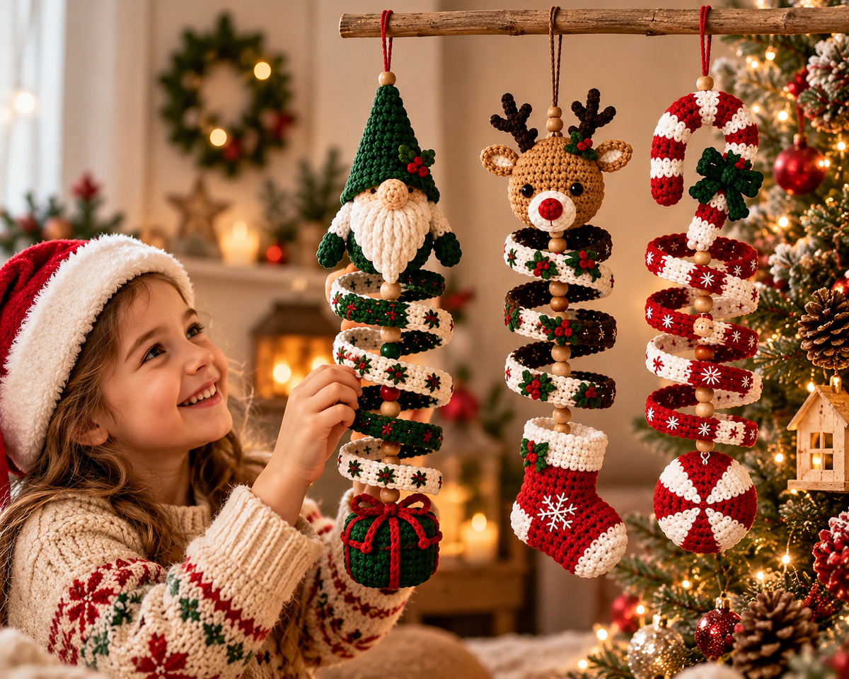 3-in-1 Christmas Spiral Crochet Pattern PDF – Gnome, Reindeer & Candy Cane Ornaments
