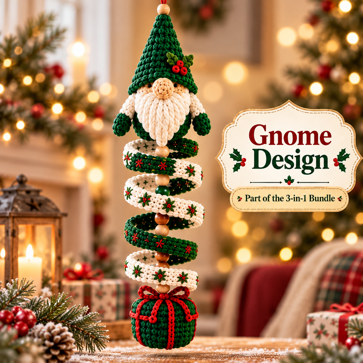 3-in-1 Christmas Spiral Crochet Pattern PDF – Gnome, Reindeer & Candy Cane Ornaments