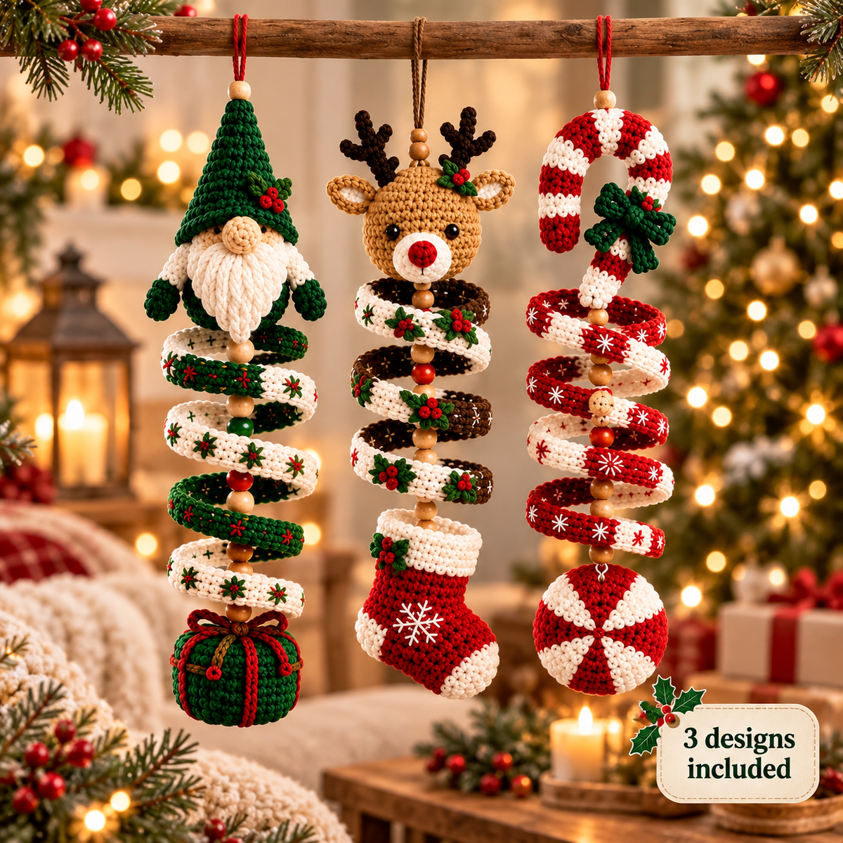 3-in-1 Christmas Spiral Crochet Pattern PDF – Gnome, Reindeer & Candy Cane Ornaments