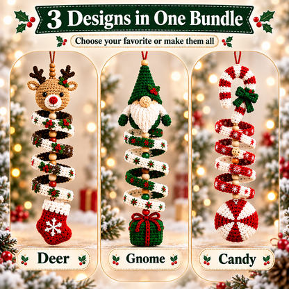 3-in-1 Christmas Spiral Crochet Pattern PDF – Gnome, Reindeer & Candy Cane Ornaments