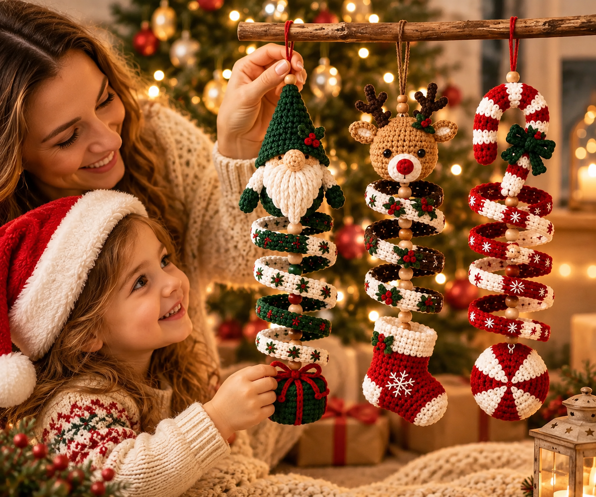 3-in-1 Christmas Spiral Crochet Pattern PDF – Gnome, Reindeer & Candy Cane Ornaments
