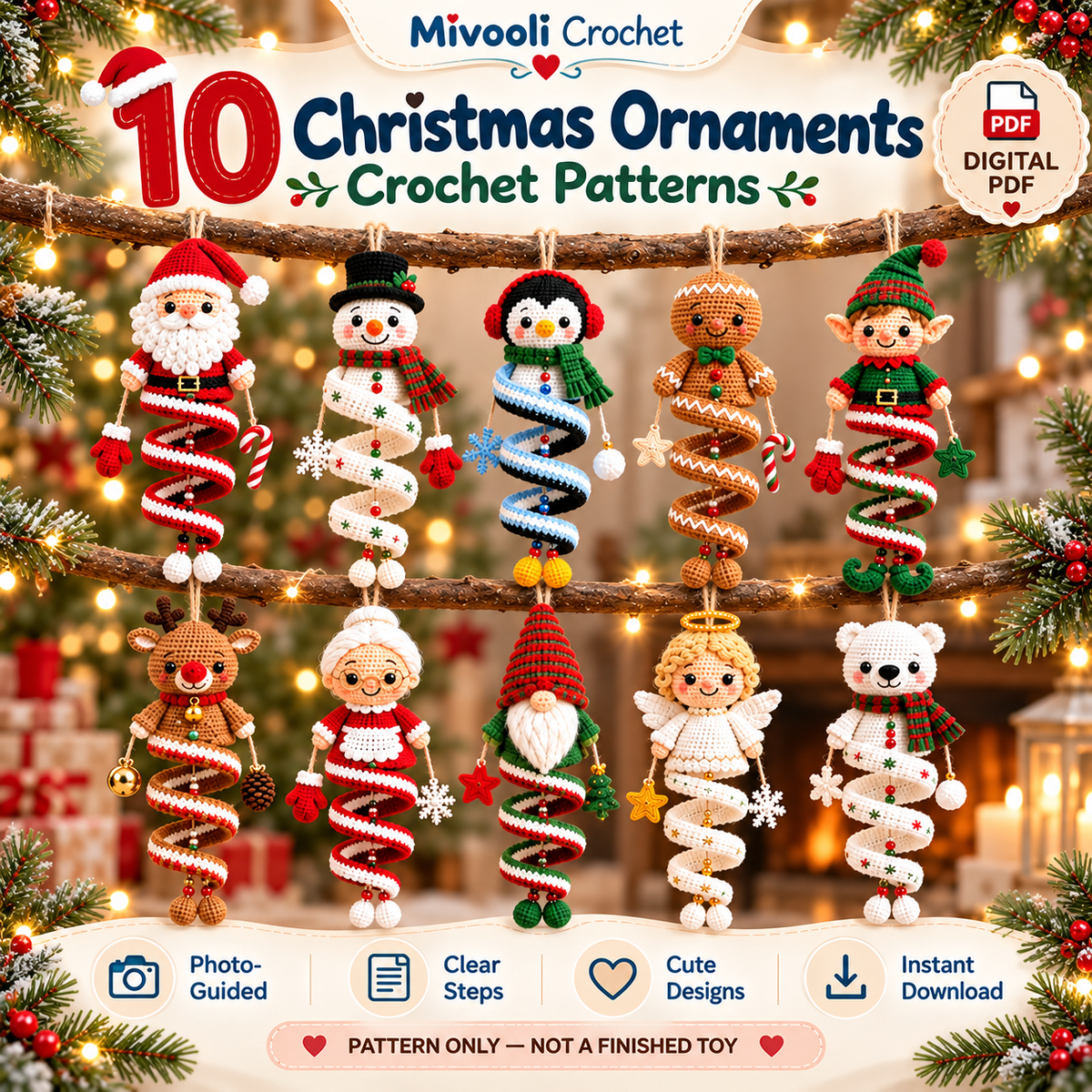 10 Christmas Spiral Ornament Crochet Patterns PDF
